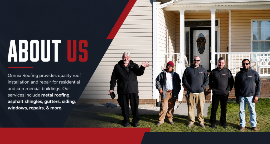 Omnia Roofing team standing in front of a completed residential roofing project with About Us banner highlighting professional roof installation, metal roofing, asphalt shingles, gutters, siding, windows, roof repairs, and commercial roofing services in Northeast Tennessee, Southwest Virginia, and Western North Carolina.
